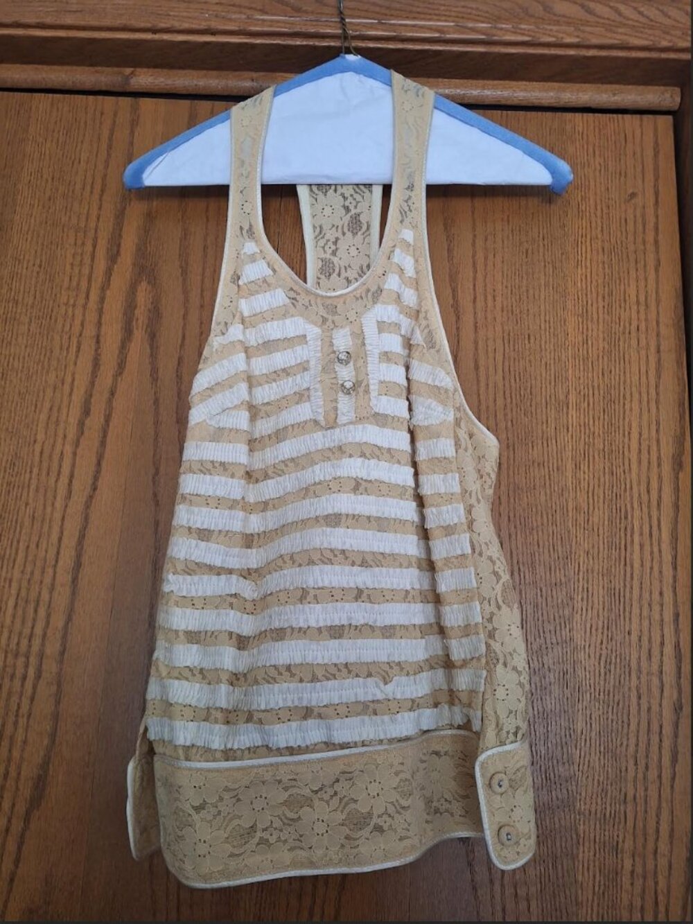 Vintage Mayle Beige Lace Racer-Back Tank Top with Rhinestone Buttons